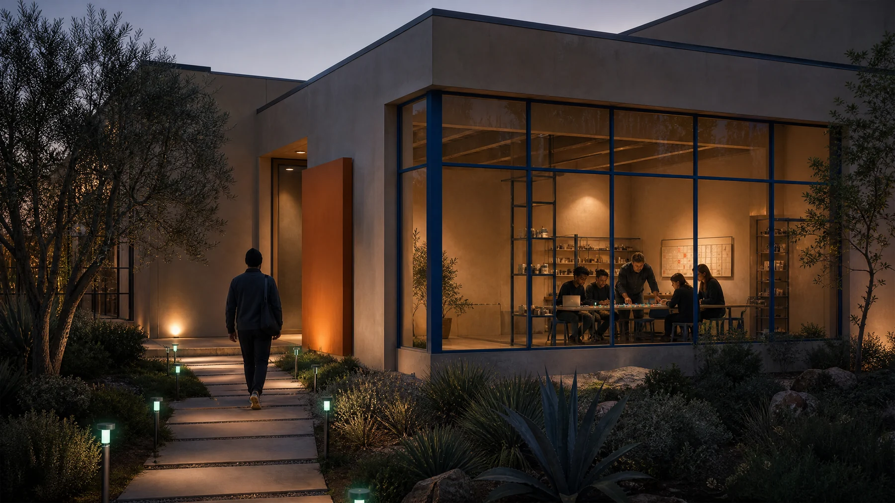 Modern software workshop exterior glowing at early evening
