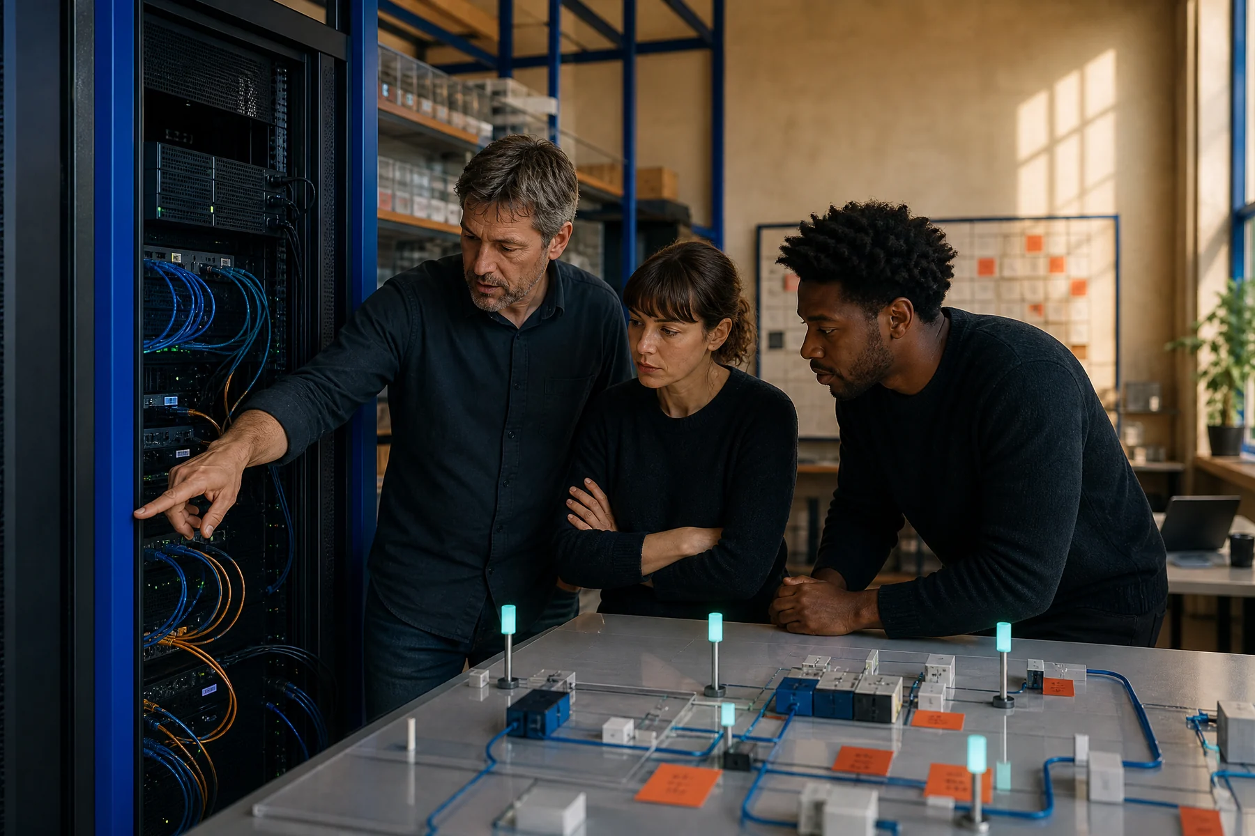 Mentor leading a systems session inside a modern networking laboratory