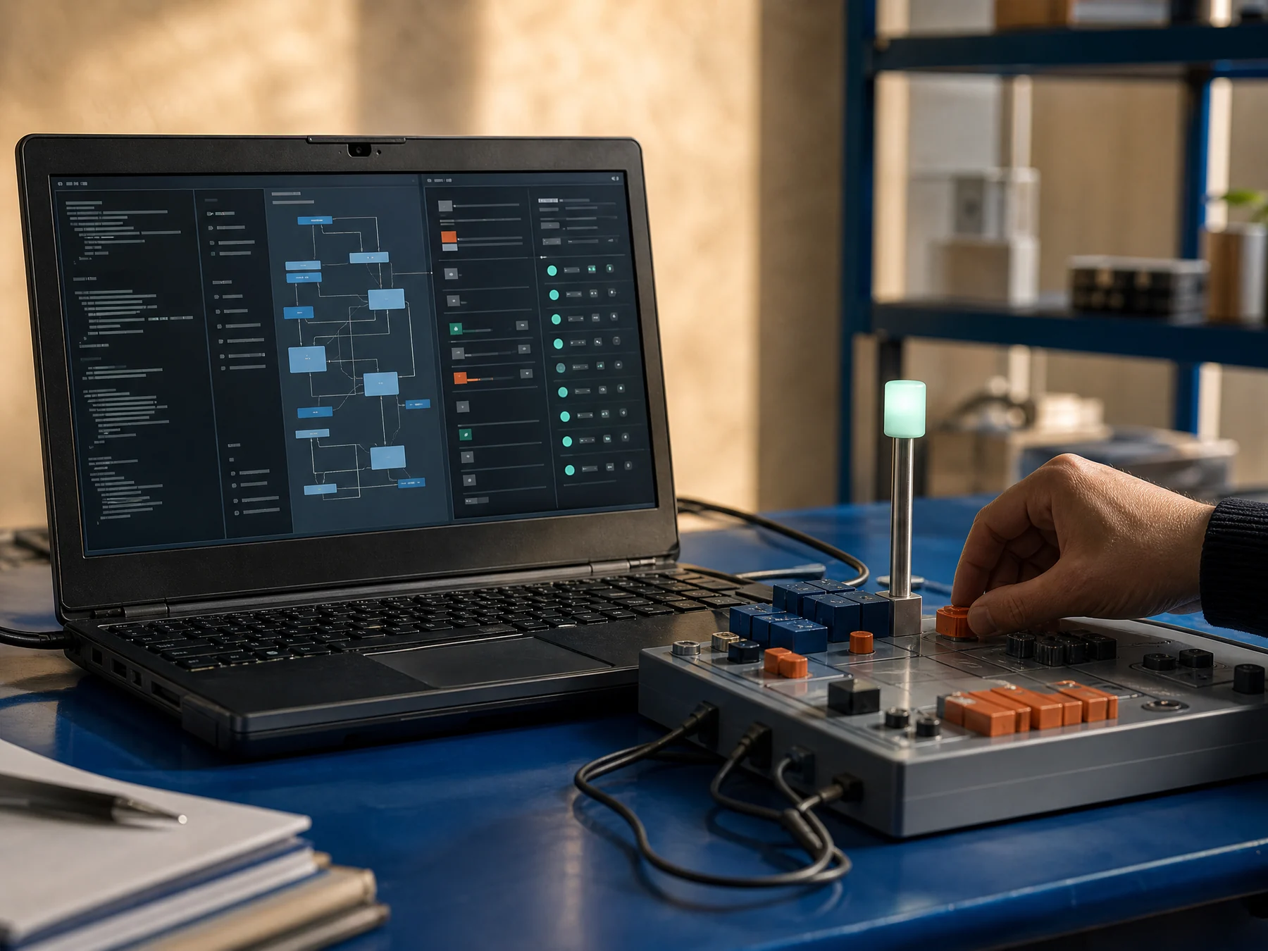 Laptop and hardware console displaying abstract software test structures