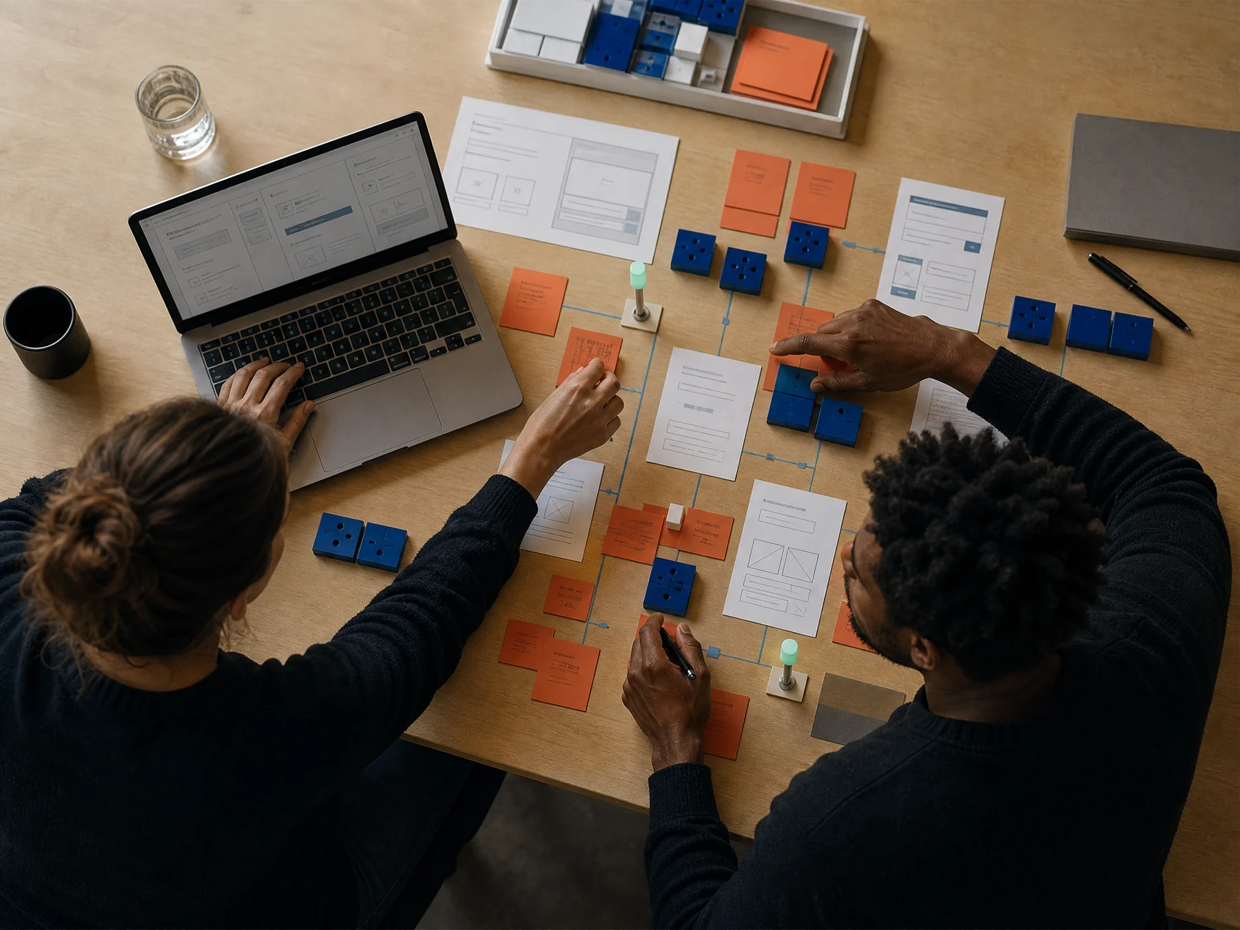Pair-programming hands arranging task cards beside a laptop