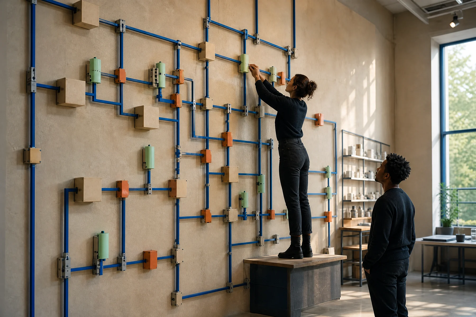 Learners adjusting a large physical software service-topology wall