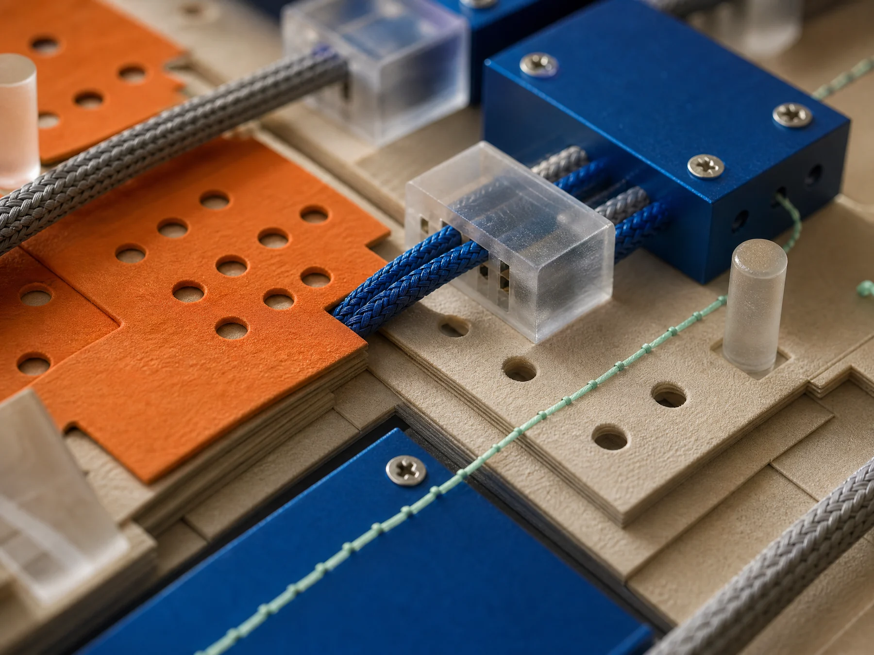 Macro study of network cables, connectors and layered task materials