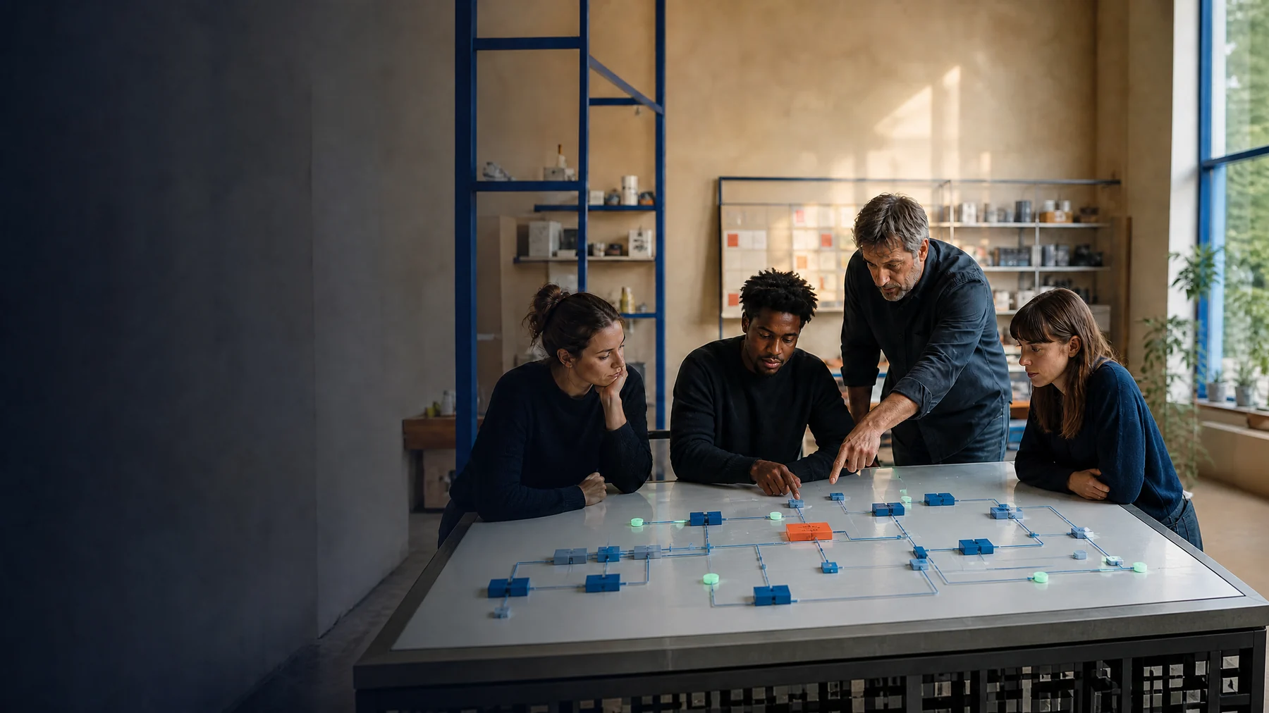 Four-person code review around a system projection table